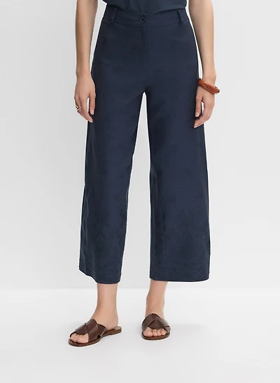 Tonal Embroidered Linen-Blend Pants