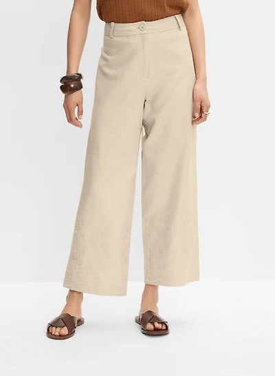 Tonal Embroidered Linen-Blend Pants