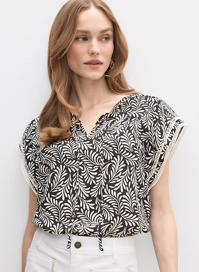 Printed Crochet Trim Blouse