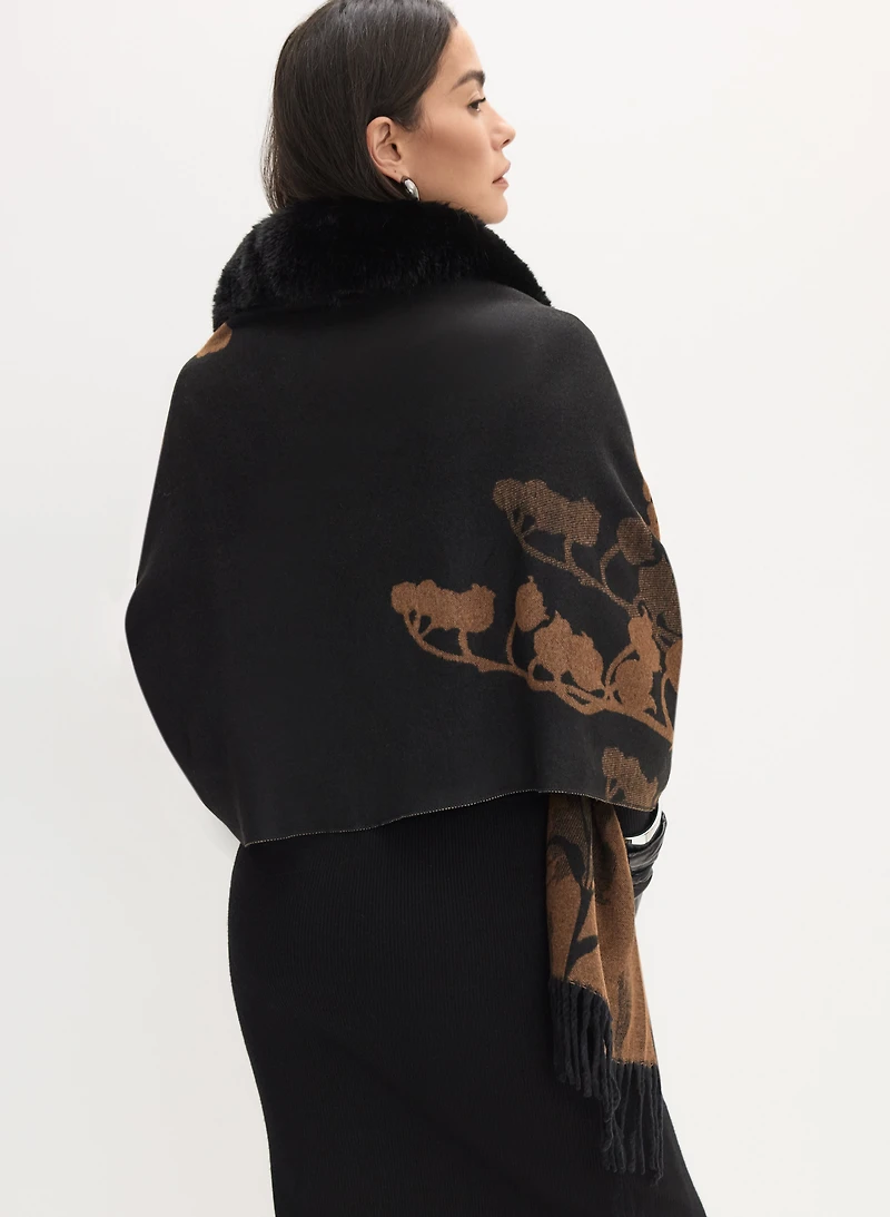 Étole à motif floral et col en fausse fourrure