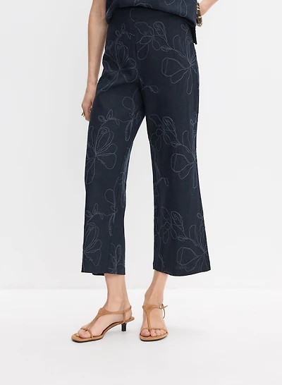 Pantalon à broderies florales en mélange de lin