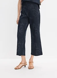 Pantalon à broderies florales en mélange de lin