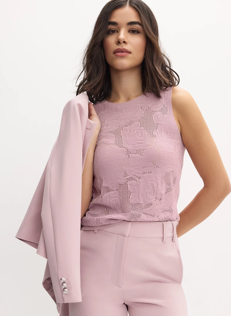 Sleeveless Open-Knit Rose Sweater