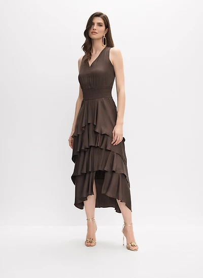 Asymmetric Tiered Satin Dress