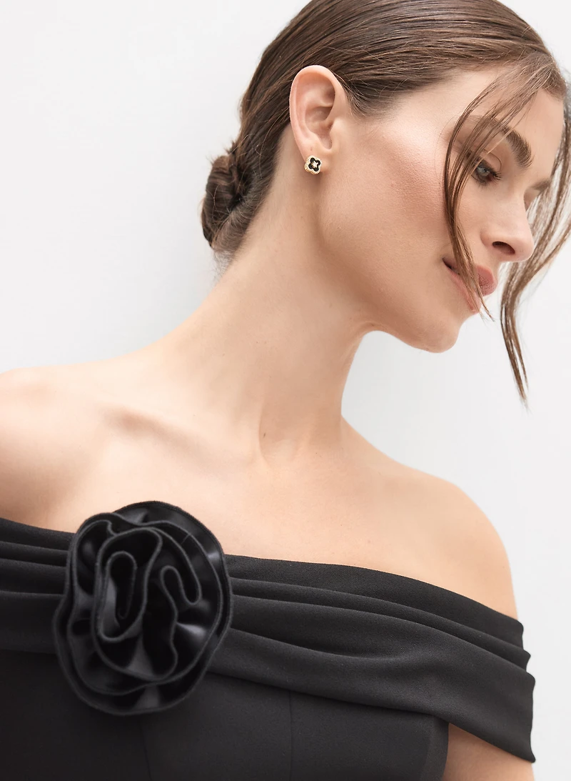 Off-Shoulder 3D Rosette Dress