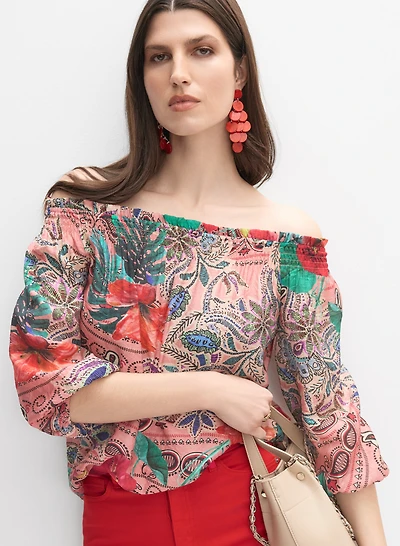 Mixed Print Off-Shoulder Blouse