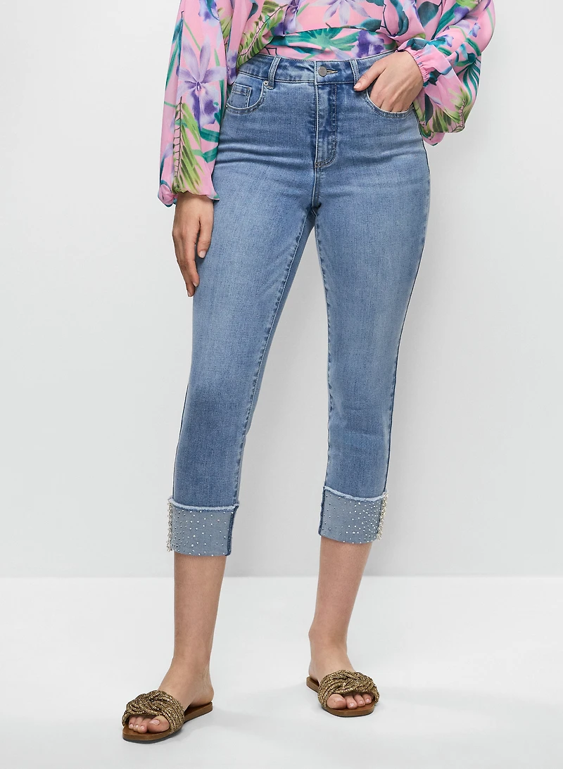 Sequin-Cuffed Capri Jeans