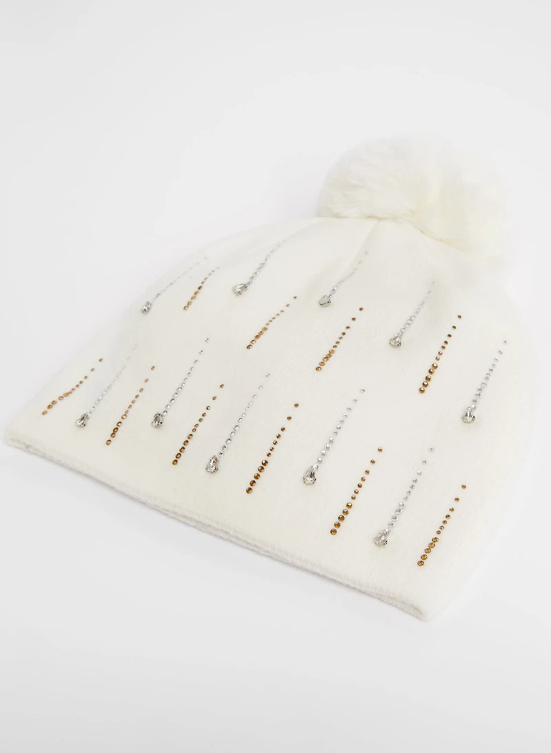 Tuque à pompon à détails de strass