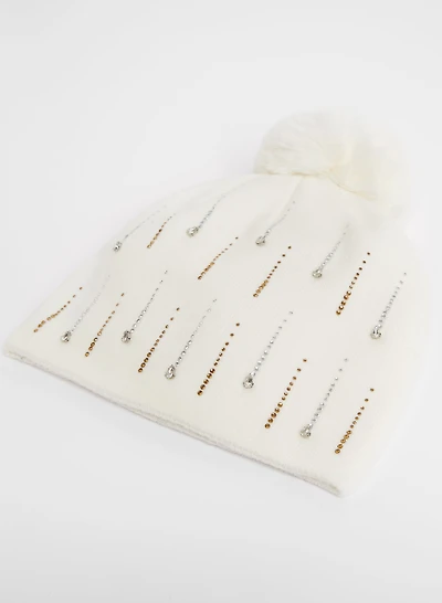 Tuque à pompon à détails de strass