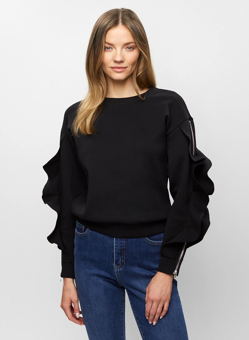 Zip Detail Ruffle Sleeve Top