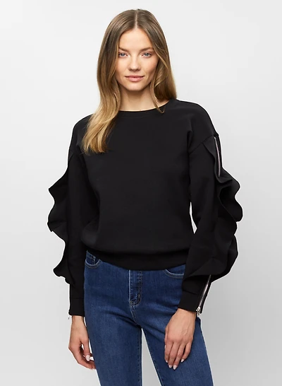 Zip Detail Ruffle Sleeve Top