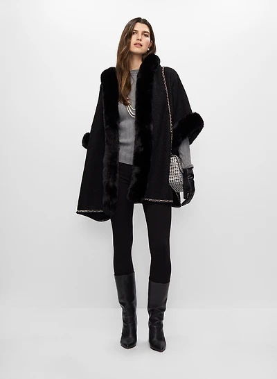 Faux Fur Trim Hooded Poncho