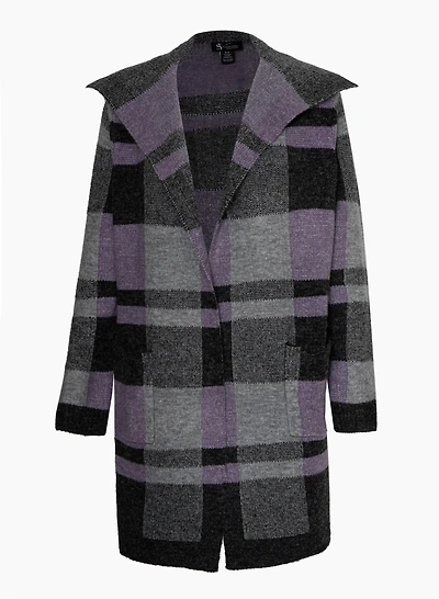 Angora Blend Plaid Motif Cardigan