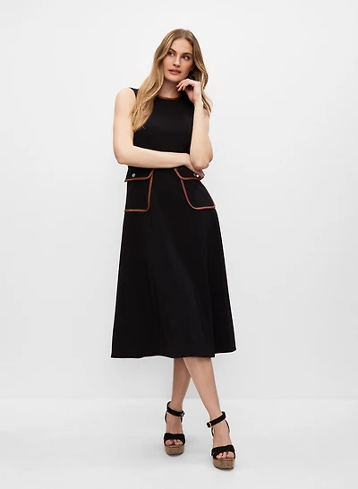 Vegan Leather Trim Midi Dress