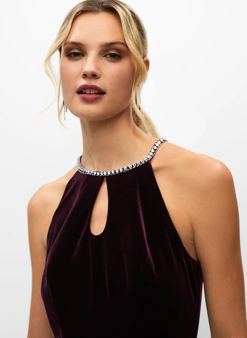 Stretch Velvet Crystal Halter Dress