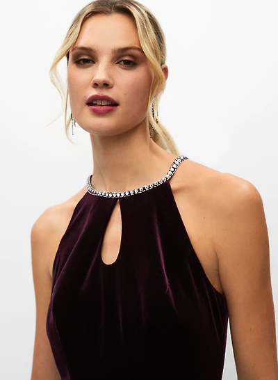 Stretch Velvet Crystal Halter Dress