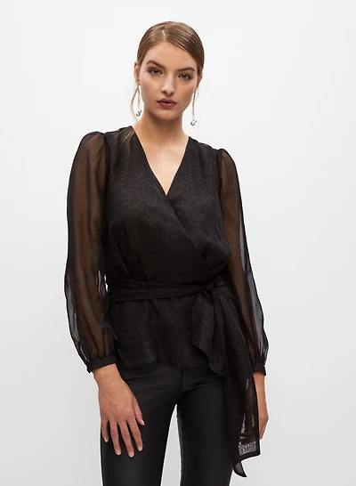 Leopard Motif Chiffon Sleeve Blouse