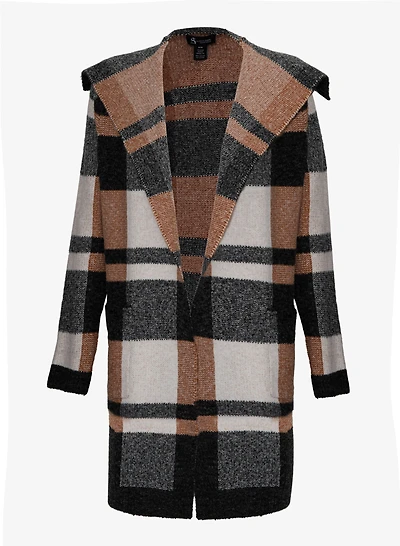 Cardigan long à col et motif carreaux