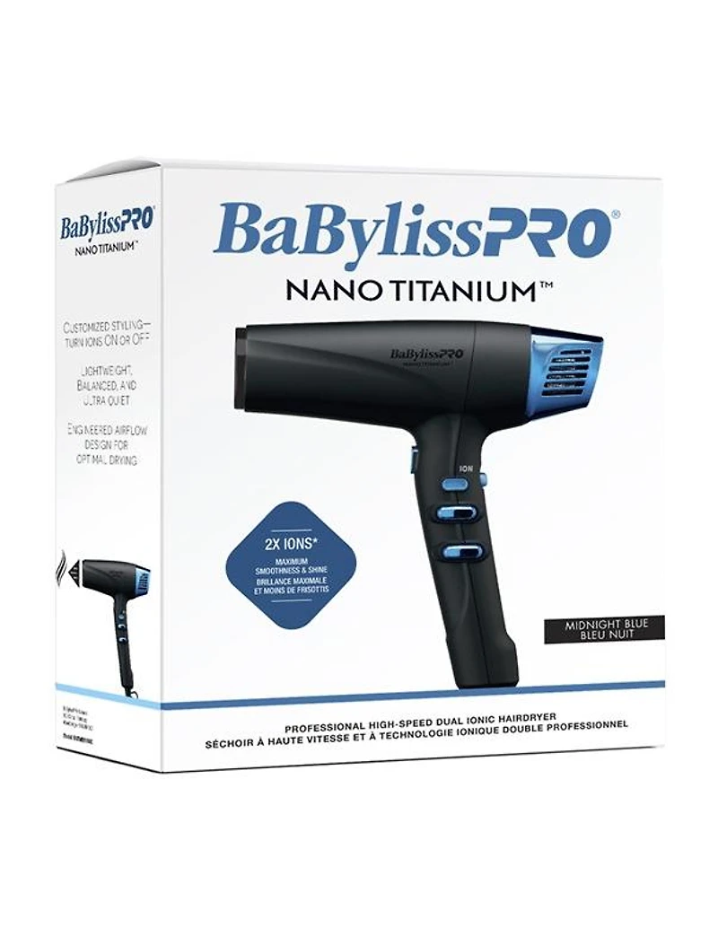 Sèche-cheveux BabylissPro Nano Titanium Dual Ionic haute vitesse, bleu nuit