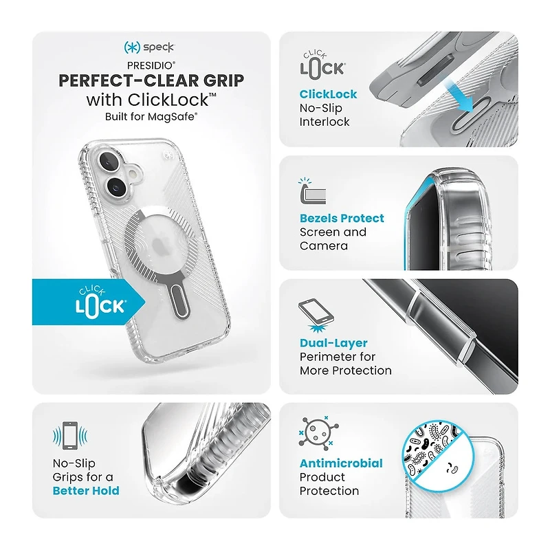Speck Case with ClickLock/MagSafe for iPhone 16 - Grip Clear
