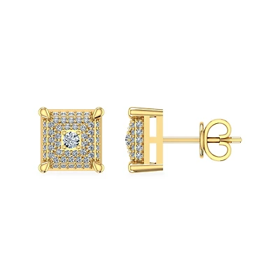 10K Yellow Gold Round Diamond Square Shape Stud Earrings 1/3 Cttw