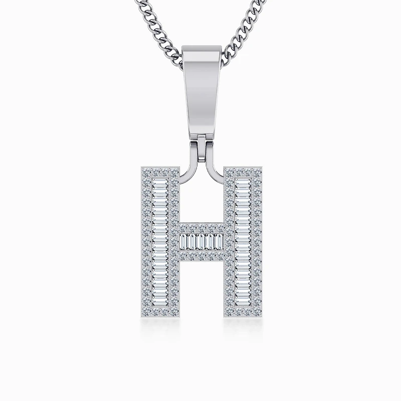 10K White Gold  Tw Baguette Initial H Pendant 3/8 Cttw