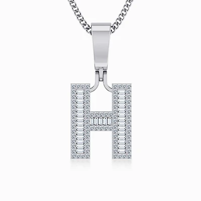 10K White Gold  Tw Baguette Initial H Pendant 3/8 Cttw