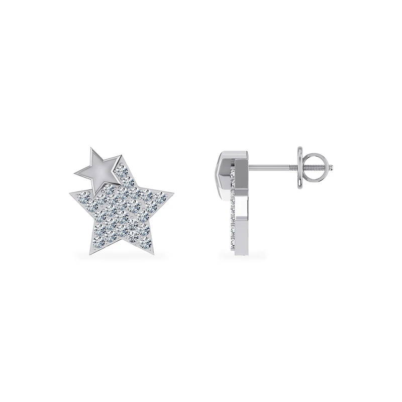 10K White Gold Round Diamond Double Star Stud Earrings 1/6 Cttw