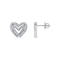 10K White Gold Round Diamond Double Heart Stud Earrings 1/6 Cttw