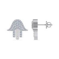10K White Gold Round Diamond Hamsa Hand Religious Stud Earrings 1/4 Cttw