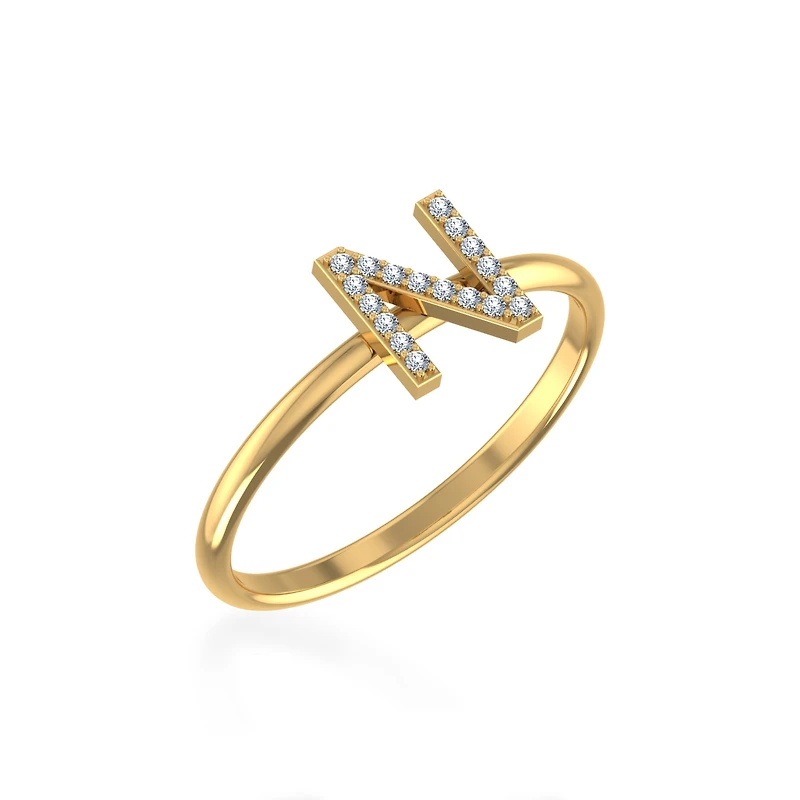 10K Gold Womens Round Diamond N Initial Letter Ring 1/20 Cttw