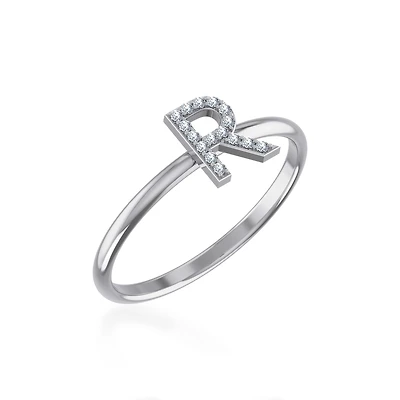 10K White Gold Womens Round Diamond R Initial Letter Ring 1/25 Cttw
