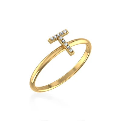 10K Yellow Gold Womens Round Diamond T Initial Letter Ring 1/25 Cttw