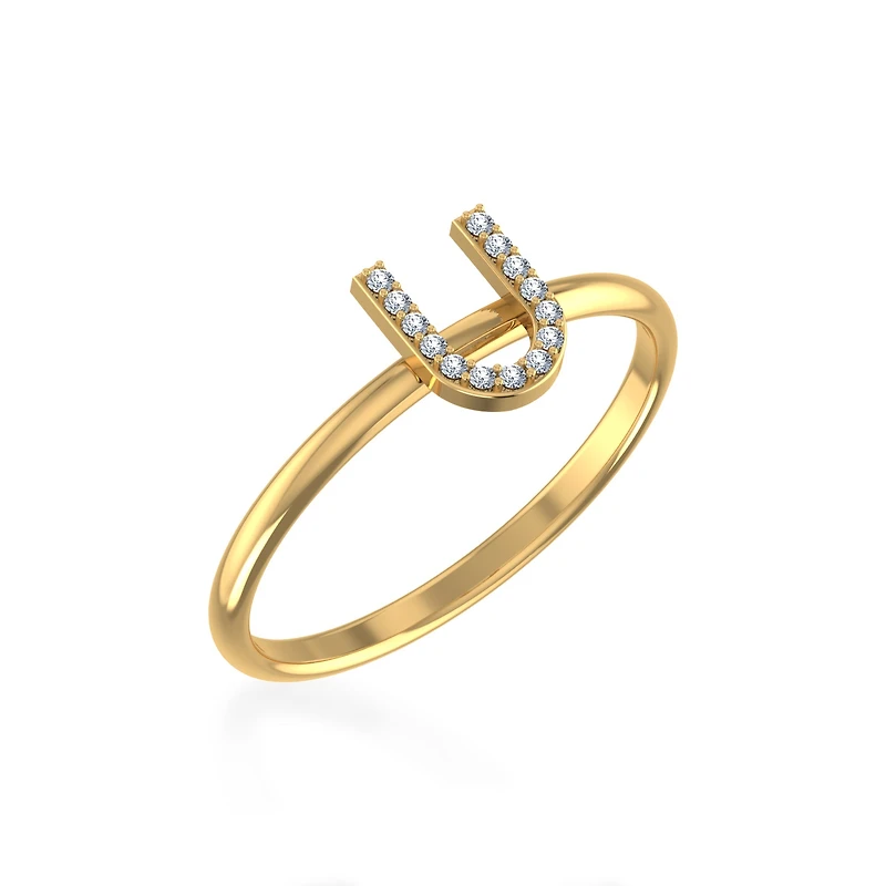 10K Yellow Gold Womens Round Diamond U Initial Letter Ring 1/25 Cttw