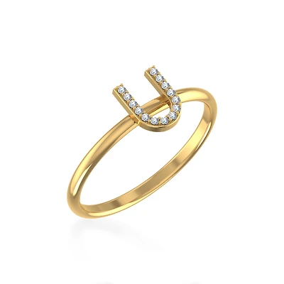 10K Yellow Gold Womens Round Diamond U Initial Letter Ring 1/25 Cttw
