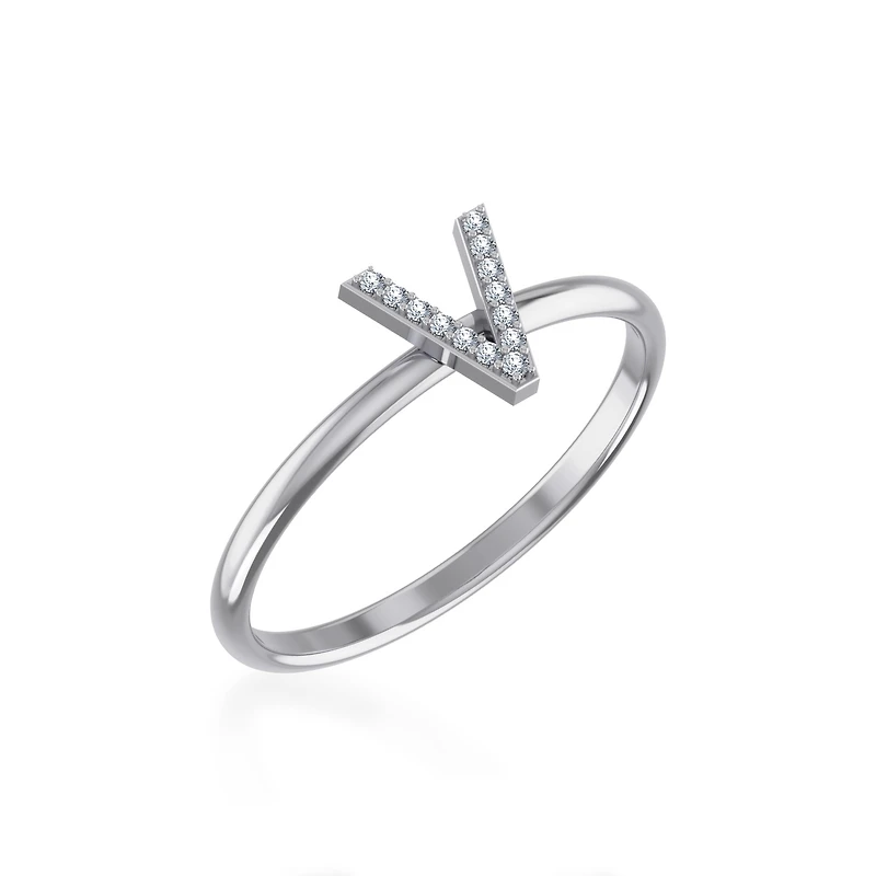 10K White Gold Womens Round Diamond V Initial Letter Ring 1/25 Cttw