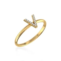 10K Yellow Gold Womens Round Diamond V Initial Letter Ring 1/25 Cttw