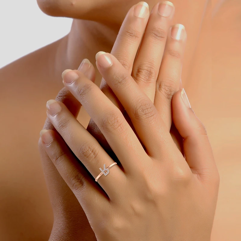 10K Rose Gold Womens Round Diamond R Initial Letter Ring 1/25 Cttw