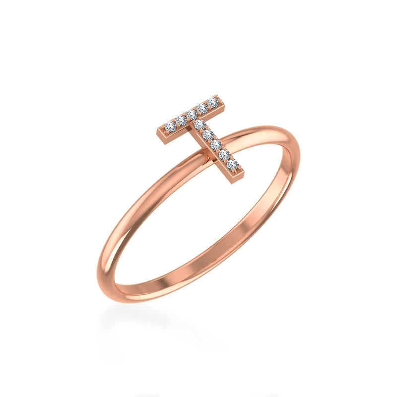 10K Rose Gold Womens Round Diamond T Initial Letter Ring 1/25 Cttw