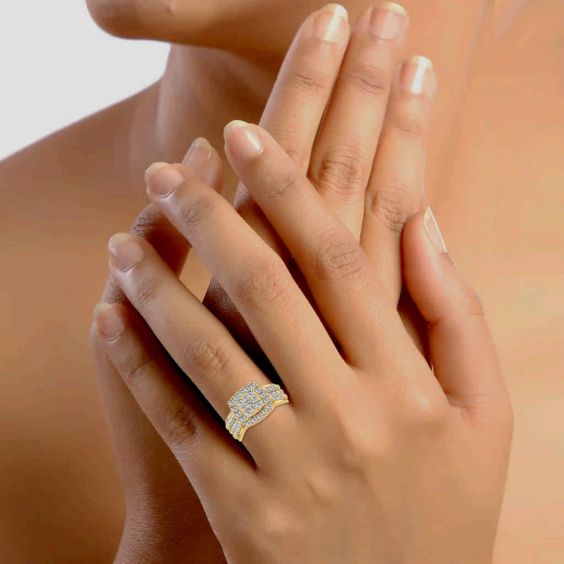 10K Gold Round Diamond Halo Bridal Cluster Ring 7/8 Cttw