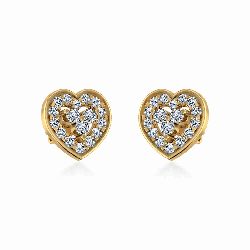 10K Yellow Gold Womens Round Diamond Heart Cluster Earrings / Cttw
