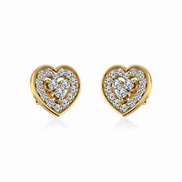 10K Yellow Gold Womens Round Diamond Heart Cluster Earrings / Cttw