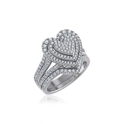 10K White Gold Womens Round Diamond Big Bridal Heart Shape Ring 1-1/ Cttw