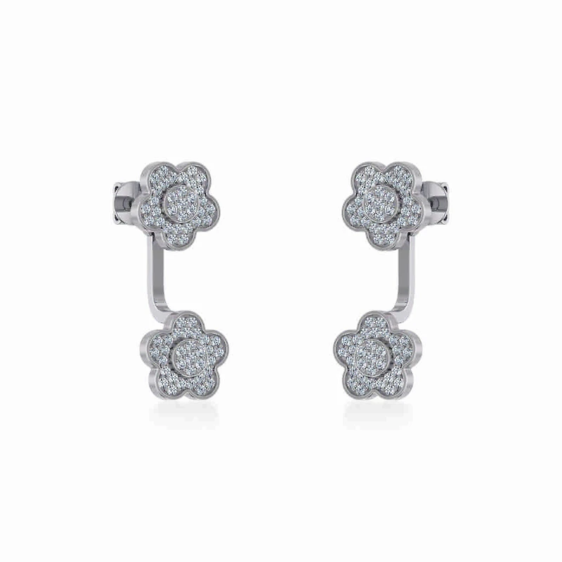 10K White Gold Womens Round Diamond Floral Cluster Top Open Earrings 3/8 Cttw