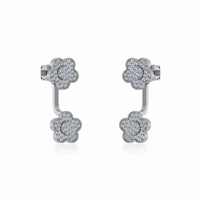 10K White Gold Womens Round Diamond Floral Cluster Top Open Earrings 3/8 Cttw
