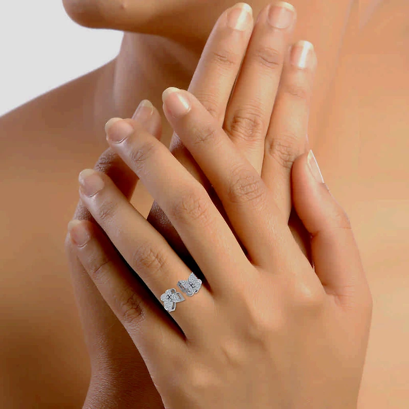 10K White Gold Womens Round Diamond Butterfly Cluster Top Open Ring 1/4 Cttw