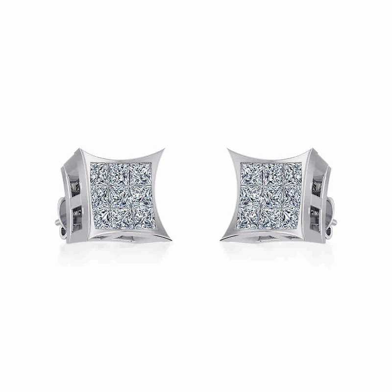 10K White Gold Mens Princess Diamond Square Stud Earrings / Cttw