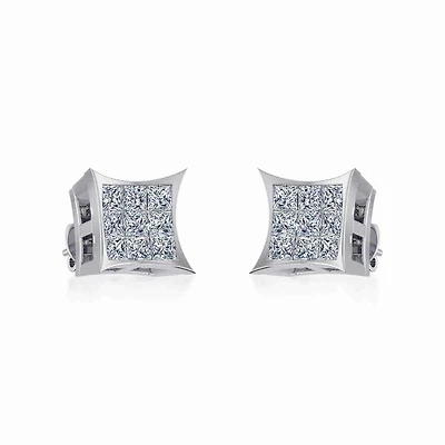 10K White Gold Mens Princess Diamond Square Stud Earrings / Cttw