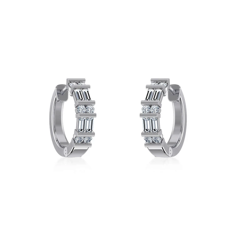 10K White Gold Womens Round Baguette Diamond Small Huggies Earrings 5/8 Cttw