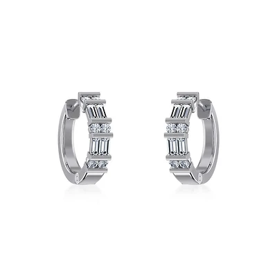 10K White Gold Womens Round Baguette Diamond Small Huggies Earrings 5/8 Cttw